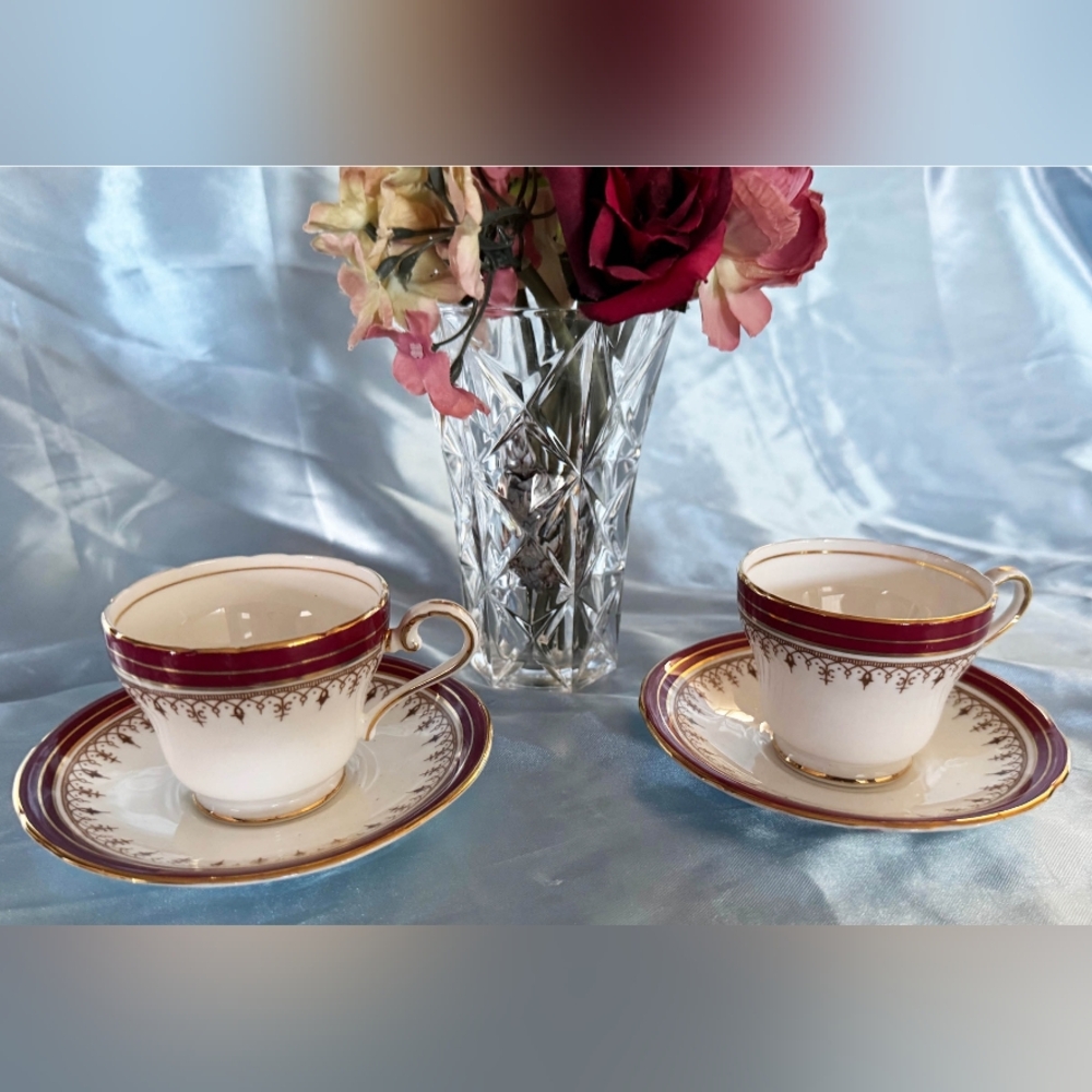 Beautiful Aynsley  Burgundy Red And Gold  Cups and Saucers- 2set